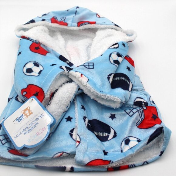 Snugly Baby Boy Faux Mink Hooded Bathrobe Blue Sports One Size 0-18 Months NWT - Picture 1 of 7